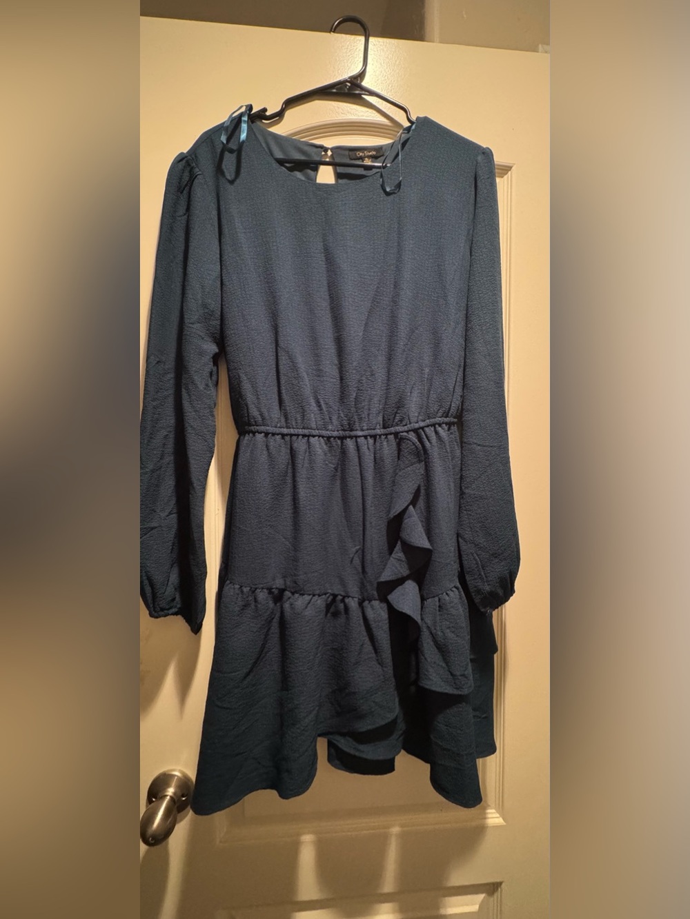 City Studio Green Blue Long-Sleeve Ruffle Hem Dress